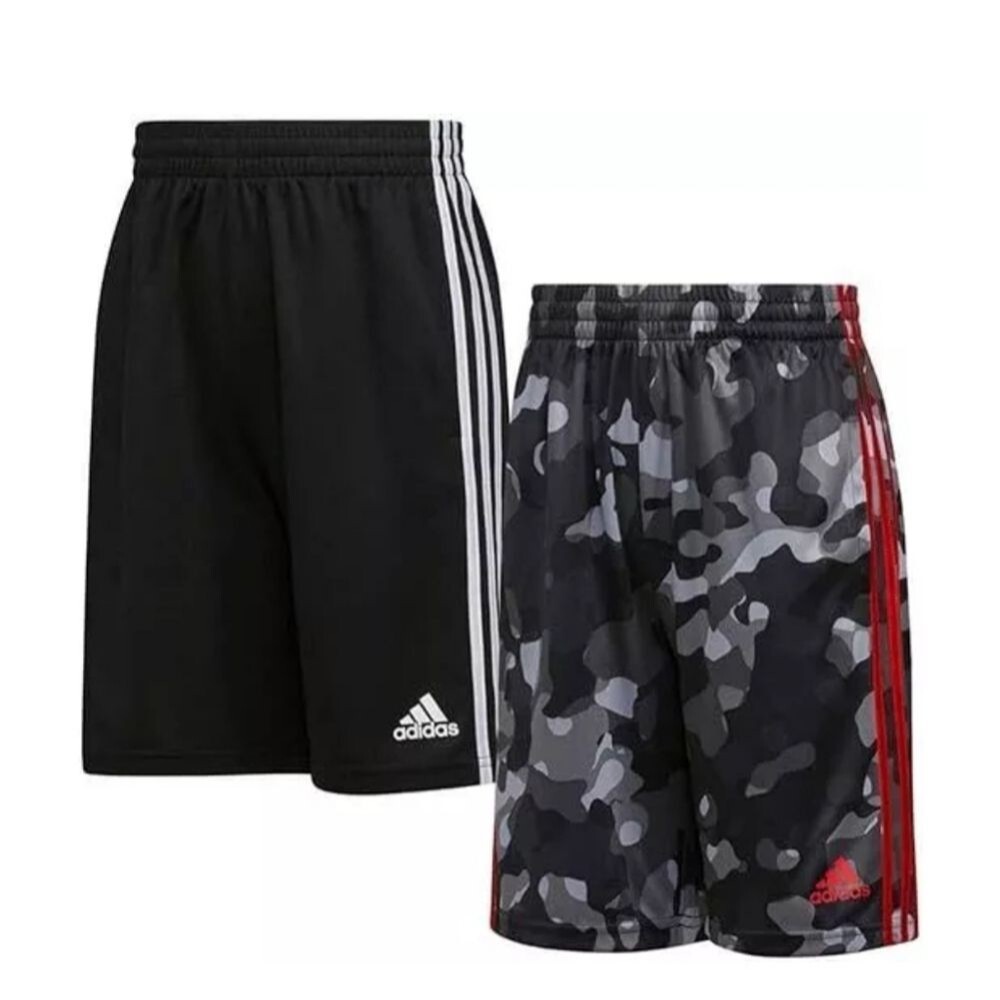 2pk Adidas 3-stripe Youth Active Shorts Boy's Size XL (18/20) Black + Camo NWT
